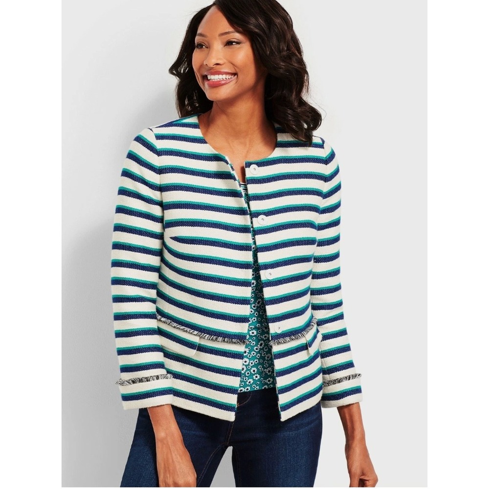 Talbots Blazer Women's 16 Striped Tweed Fringe Jacket Career‎ Nautical Career